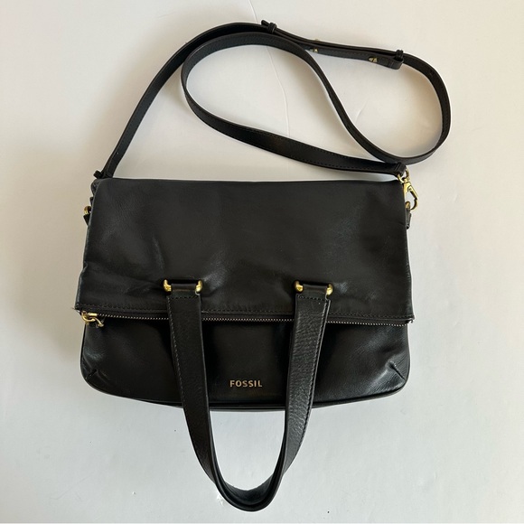 Fossil Memoir Anthology Fold‎ Over Tote Crossbody Bag Purse Black Leather